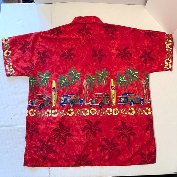 Rima Hawaiian Button Down Shirt Mens Large  Red with Cars and Palm Trees - Picture 2 of 7